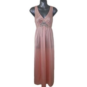 Vintage Lorraine Pink Peach Salmon Lace Nylon Nightgown Slip Dress Small